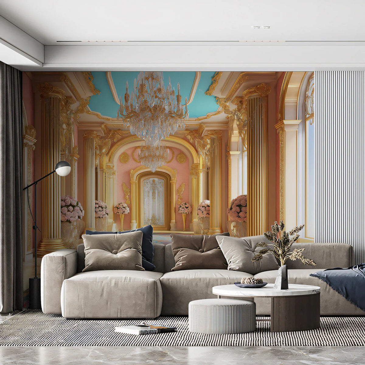 Royal Palace Hall Mural Wallpaper — Baroque Pink and Gold Design Mural Wallpaper - pure wallpaper artwork