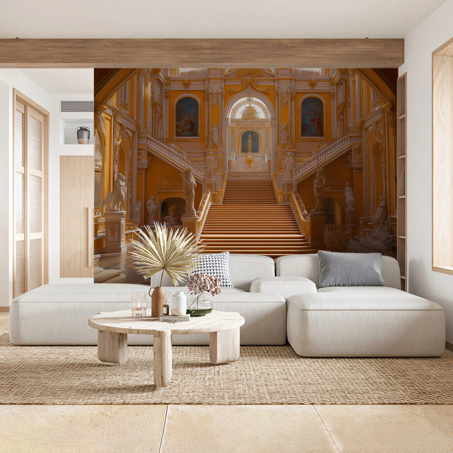 Grand Baroque Staircase Mural Wallpaper — Architectural Gold Mural Wallpaper