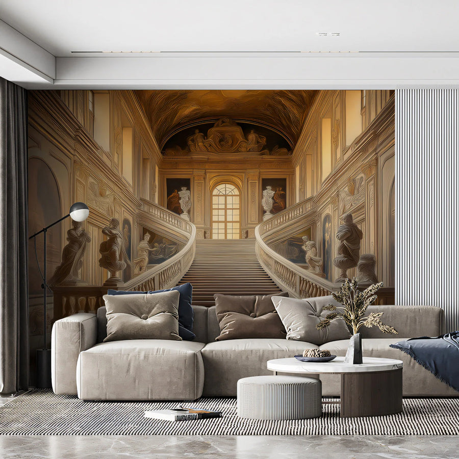 Grand Baroque Staircase Mural Wallpaper in Warm Ochre Mural Wallpaper