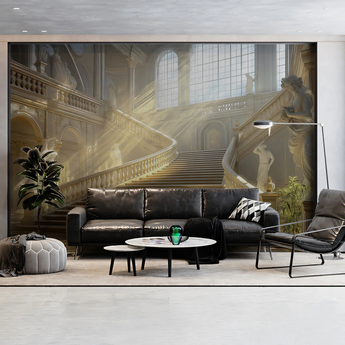 Sunlit Baroque Grand Staircase Mural Wallpaper — Historical Luxury Mural Wallpaper - pure wallpaper artwork