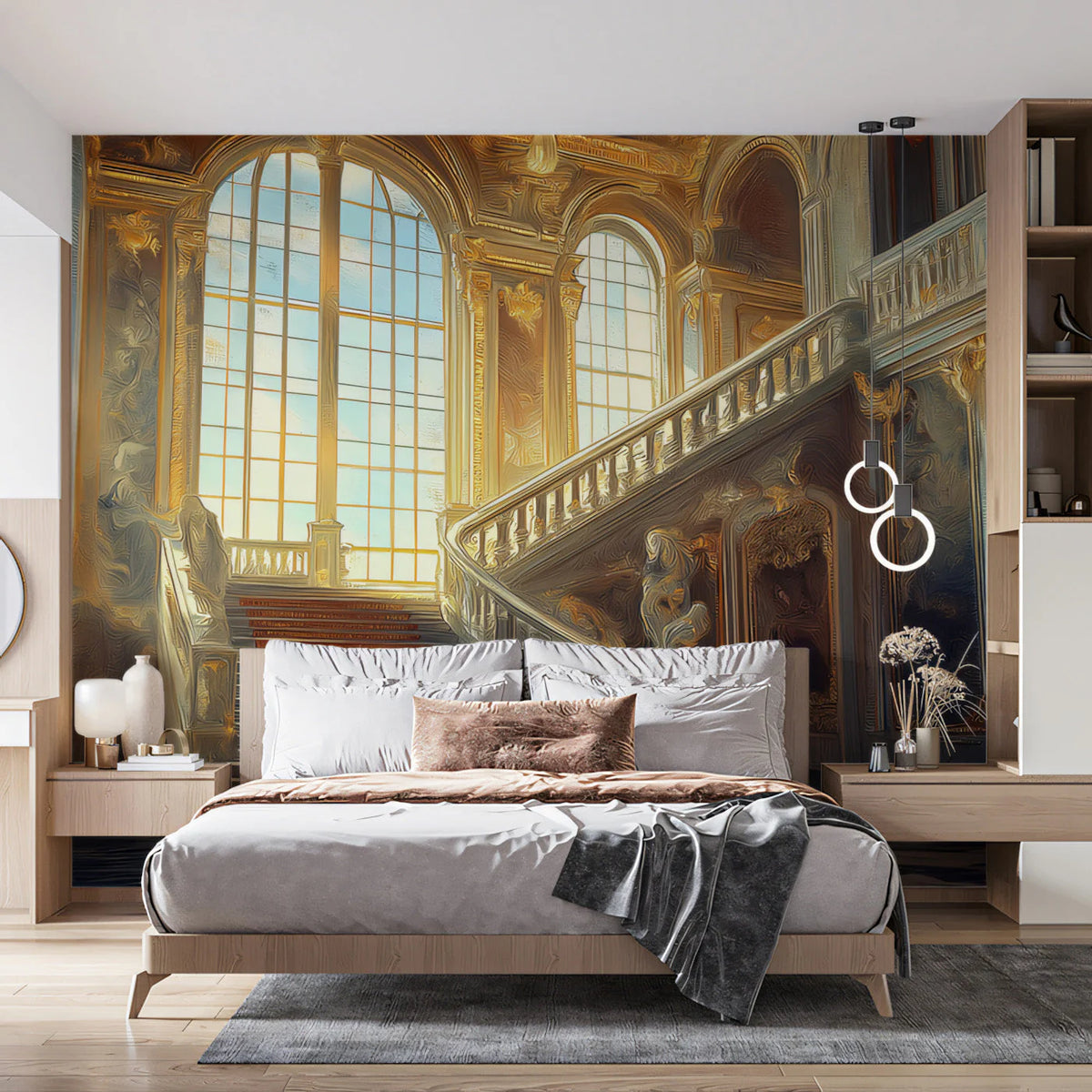 Grand Baroque Palace Staircase Mural Wallpaper in Gold and Blue Mural Wallpaper - pure wallpaper artwork