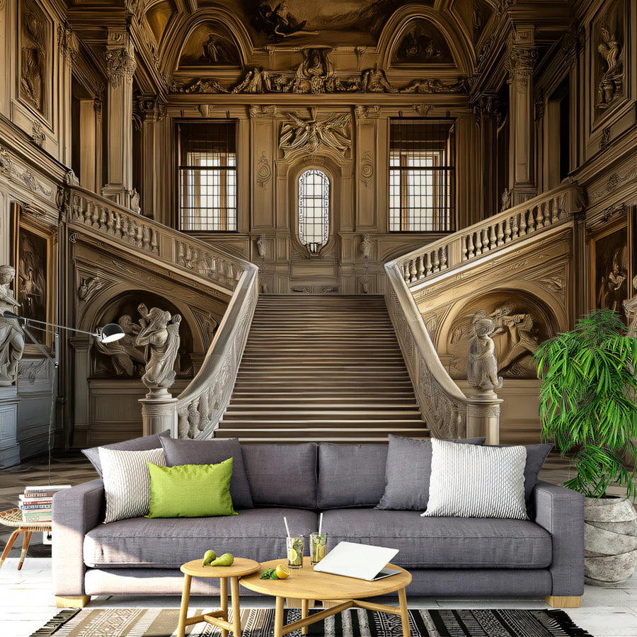Grand Palace Staircase Mural Wallpaper — Baroque Architectural Mural Wallpaper