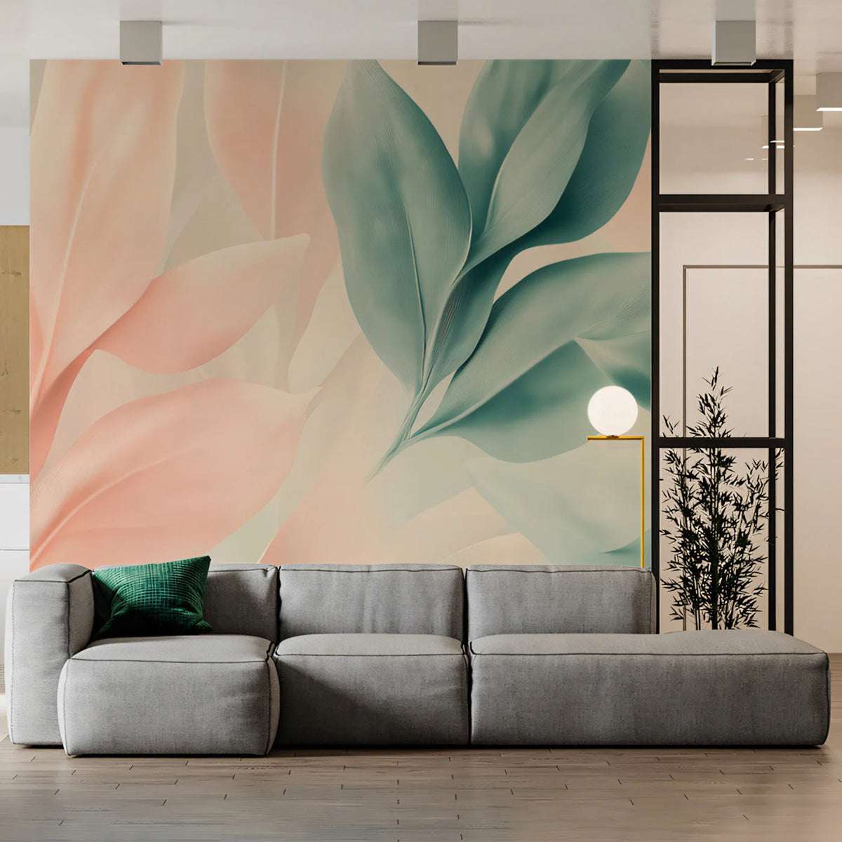 Abstract Botanical Leaf Mural Wallpaper — Soft Sage and Peach Mural Wallpaper - pure wallpaper artwork