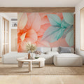 Abstract Botanical Leaf Mural Wallpaper — Soft Coral and Teal Mural Wallpaper - pure wallpaper artwork