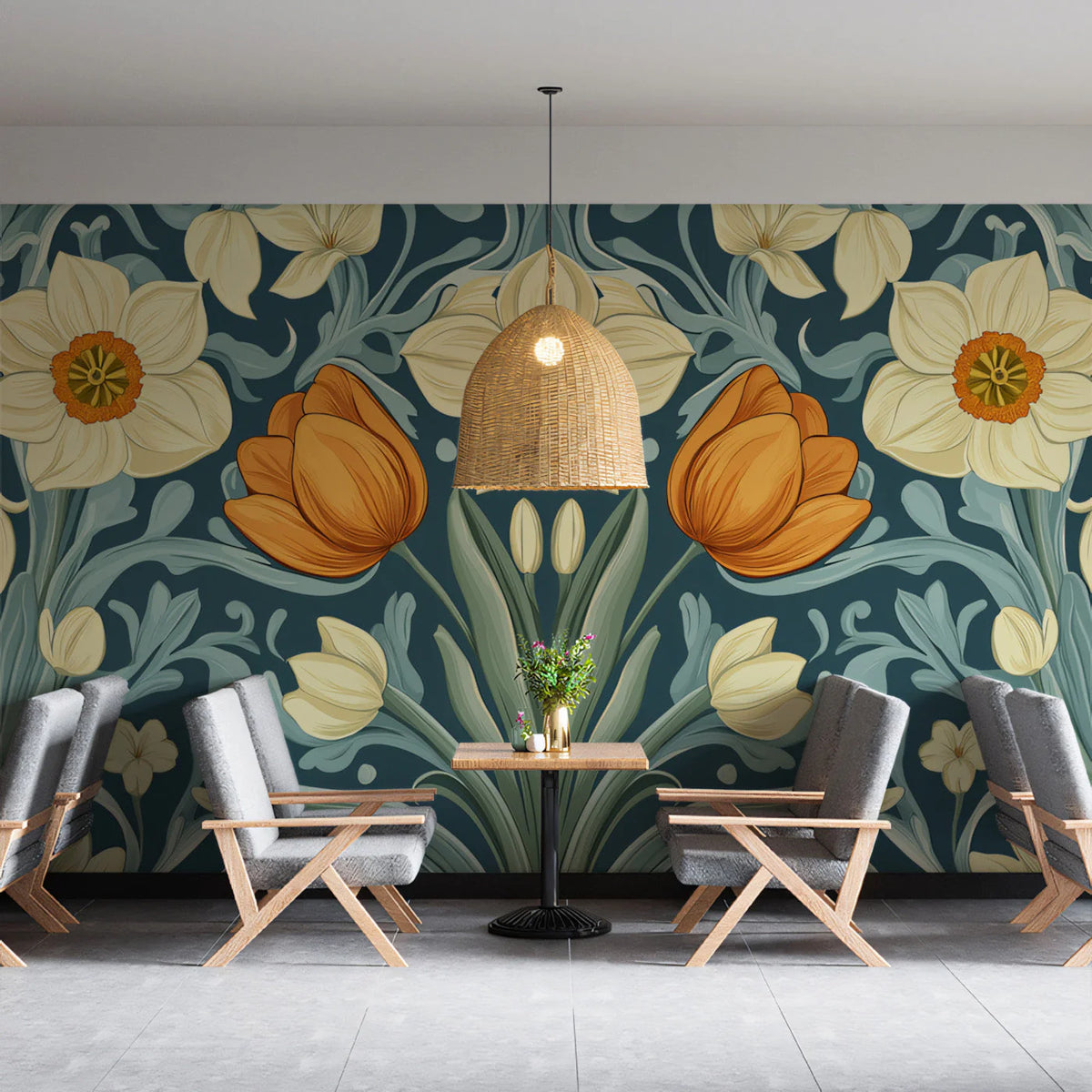Vintage Botanical Floral Mural Wallpaper — Teal and Ochre Bloom Mural Wallpaper - pure wallpaper artwork