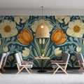 Vintage Botanical Floral Mural Wallpaper — Teal and Ochre Bloom Mural Wallpaper - pure wallpaper artwork