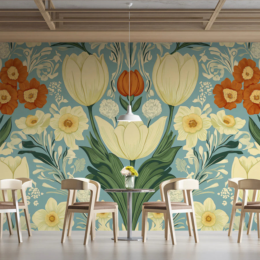 Heritage Floral Botanical Mural Wallpaper in Teal and Ochre Mural Wallpaper