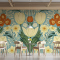 Heritage Floral Botanical Mural Wallpaper in Teal and Ochre Mural Wallpaper - pure wallpaper artwork
