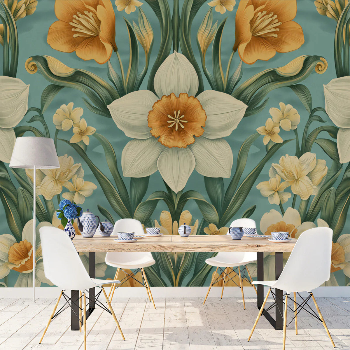Vintage Daffodil Tapestry Mural Wallpaper —Teal and Ochre Mural Wallpaper - pure wallpaper artwork