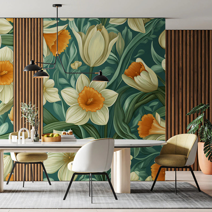 Daffodil and Tulip Floral Mural Wallpaper —Mid-Century Botanical Mural Wallpaper