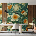 Daffodil and Tulip Floral Mural Wallpaper —Mid-Century Botanical Mural Wallpaper - pure wallpaper artwork