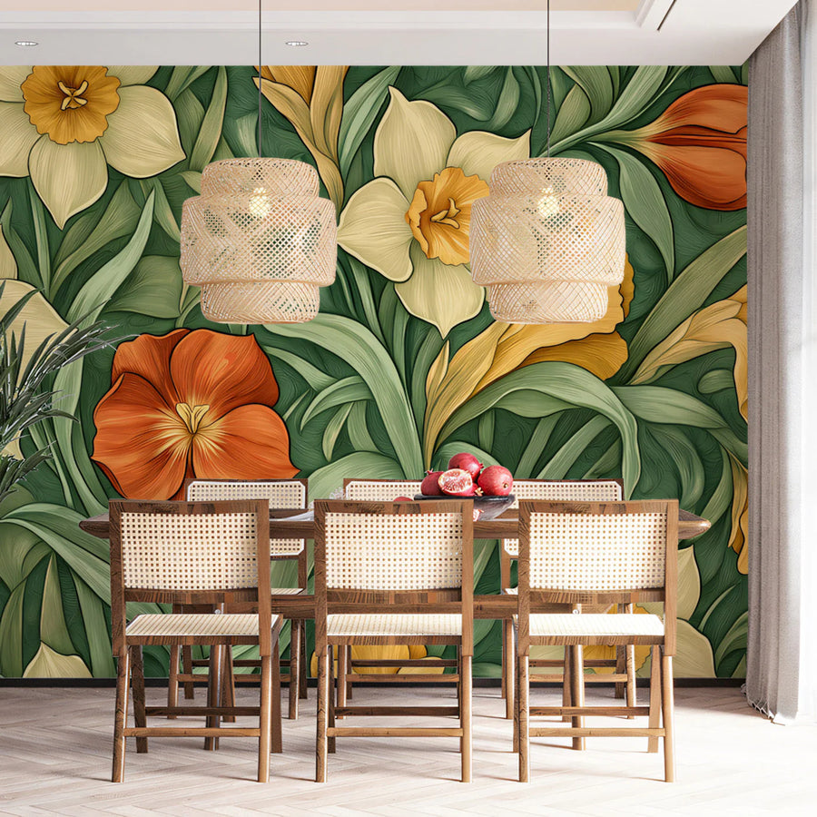 Daffodil Garden Mural Wallpaper — Arts and Crafts Botanical Design Mural Wallpaper