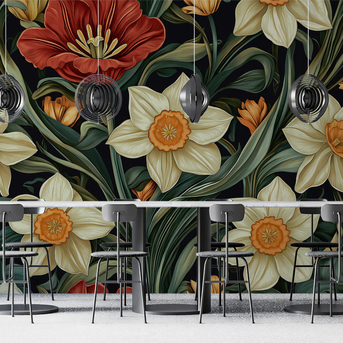 Daffodil and Tulip Botanical Mural Wallpaper — Midnight Floral Mural Wallpaper - pure wallpaper artwork