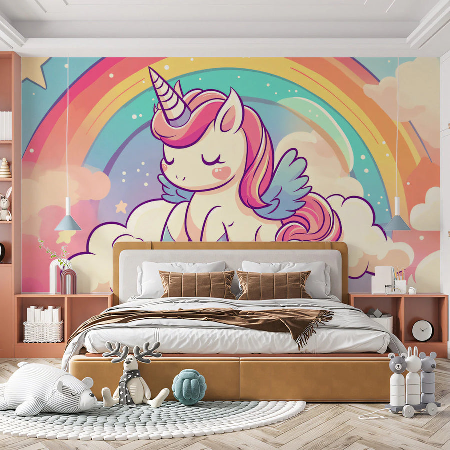 Dreamy Unicorn Rainbow Mural Wallpaper — Whimsical Pastel Decor Mural Wallpaper