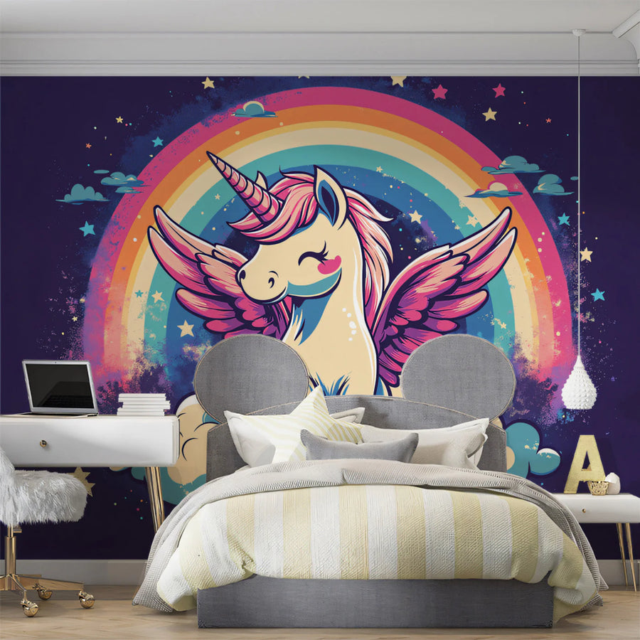 Winged Unicorn and Rainbow Mural Wallpaper — Whimsical Fantasy Mural Wallpaper