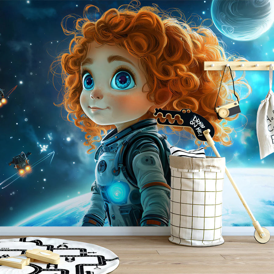Little Astronaut Space Adventure Mural Wallpaper — Vivid Blue Mural Wallpaper