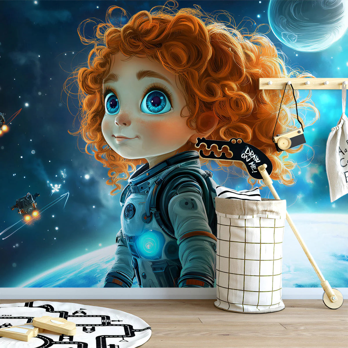 Little Astronaut Space Adventure Mural Wallpaper — Vivid Blue Mural Wallpaper - pure wallpaper artwork