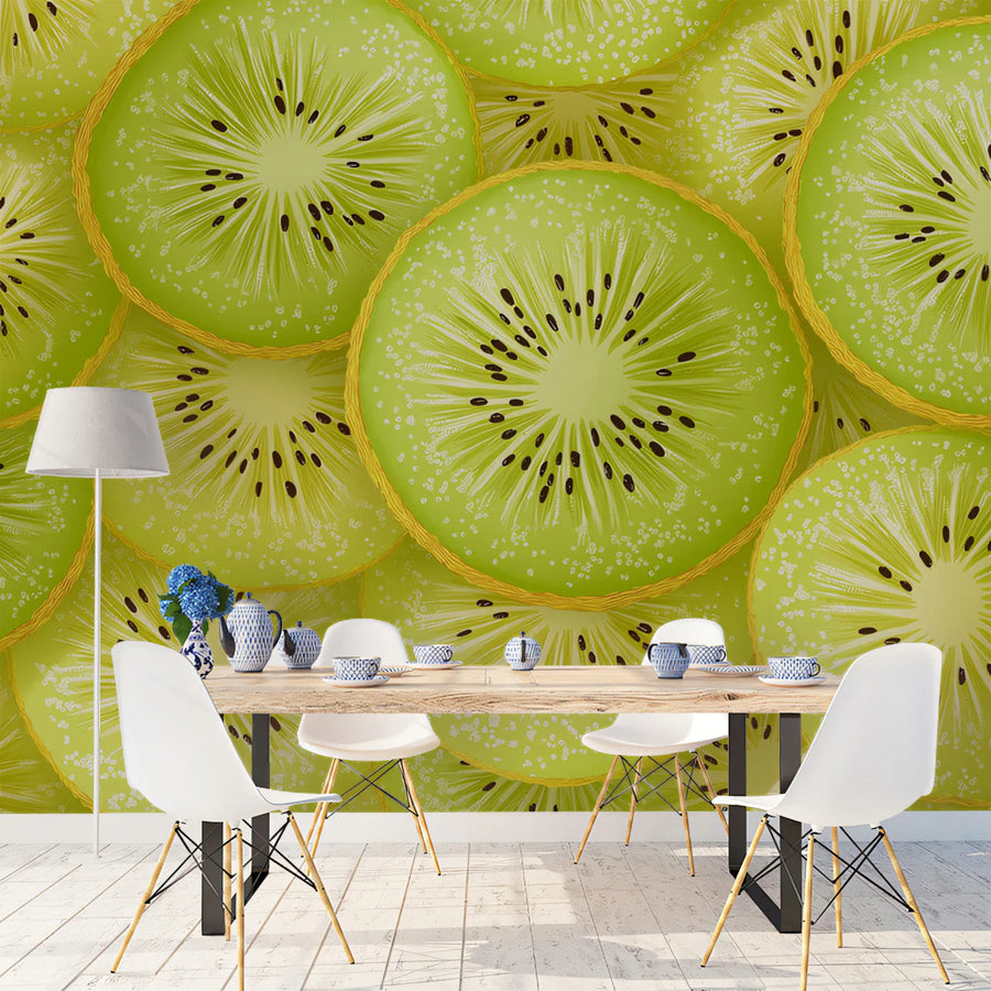 Fresh Kiwi Slices Mural Wallpaper —Vibrant Botanical Pattern Mural Wallpaper
