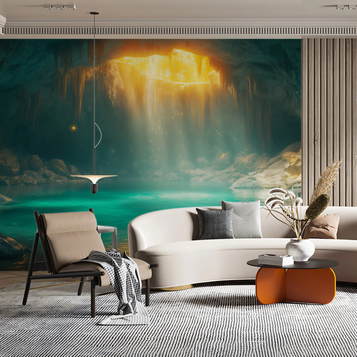 Grotto Light Mural Wallpaper — Coastal Cave and Sunbeam Design Mural Wallpaper - pure wallpaper artwork