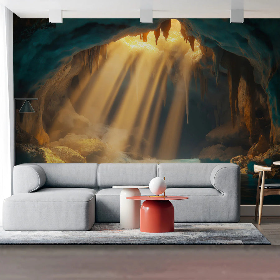 Grotto Light Cave Mural Wallpaper — Earthy Brown and Azure Blue Mural Wallpaper