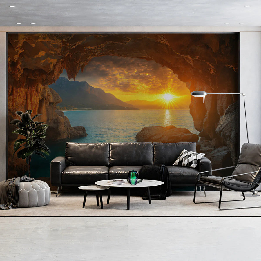Coastal Sea Cave Sunrise Mural Wallpaper — Warm Horizon View Mural Wallpaper