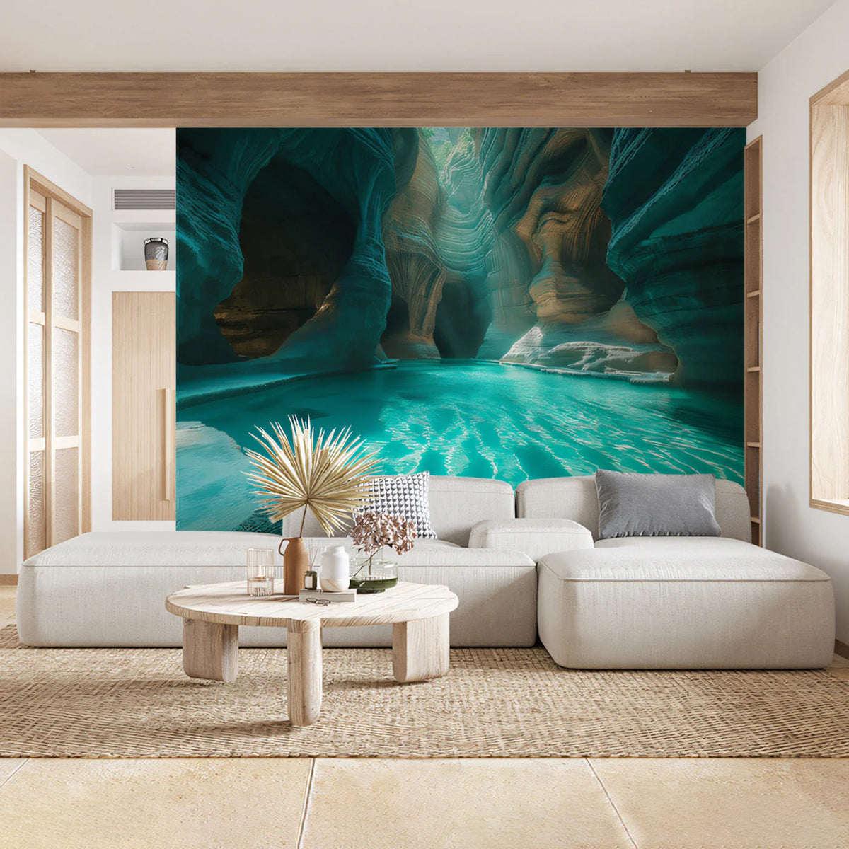 Canyon River Waterfall Mural Wallpaper —Cool Teal and Earthy Stone Mural Wallpaper - pure wallpaper artwork