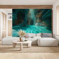 Canyon River Waterfall Mural Wallpaper —Cool Teal and Earthy Stone Mural Wallpaper - pure wallpaper artwork