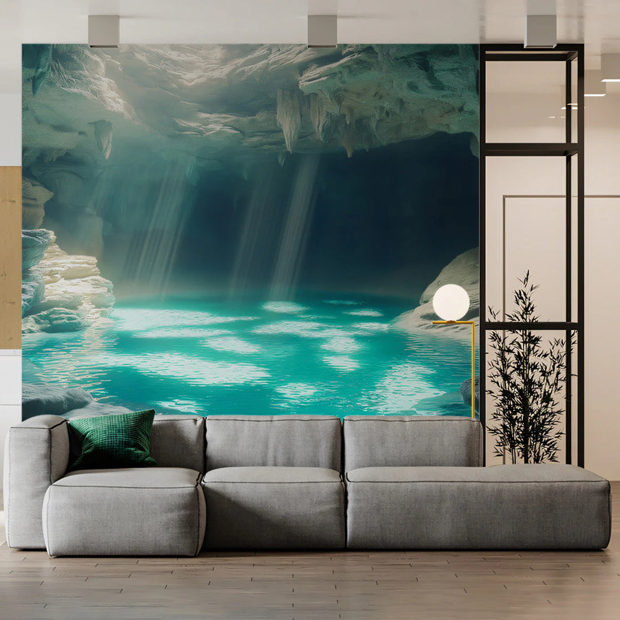 Glacial Cavern Mural Wallpaper —Cool Blue Ice and Light Beams Mural Wallpaper
