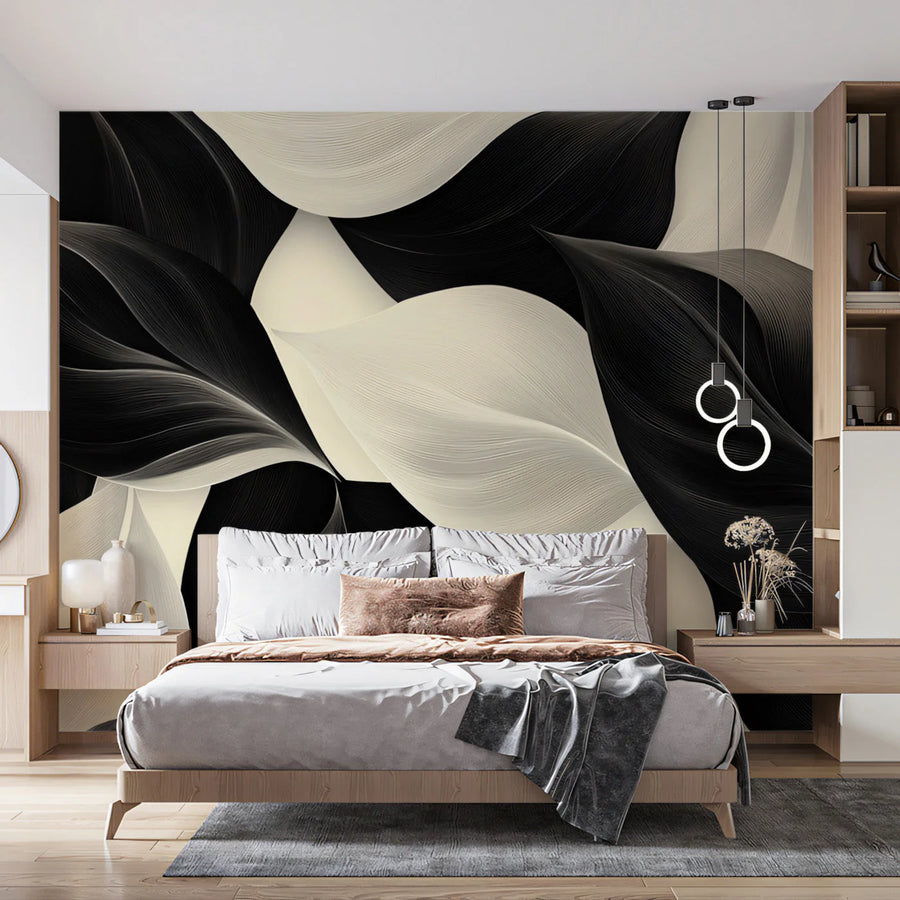 Monochrome Leaf Wave Mural Wallpaper — Modern Abstract Design Mural Wallpaper