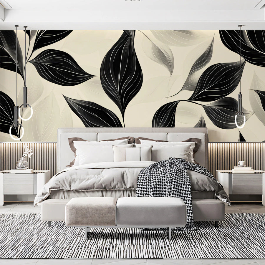 Monochrome Leaf Wave Mural Wallpaper — Modern Graphic Design Mural Wallpaper