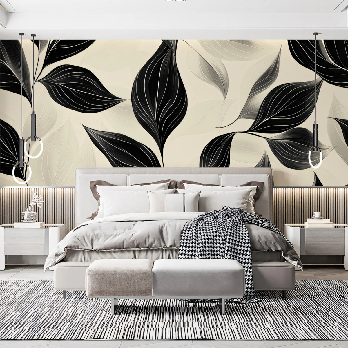 Monochrome Leaf Wave Mural Wallpaper — Modern Graphic Design Mural Wallpaper - pure wallpaper artwork