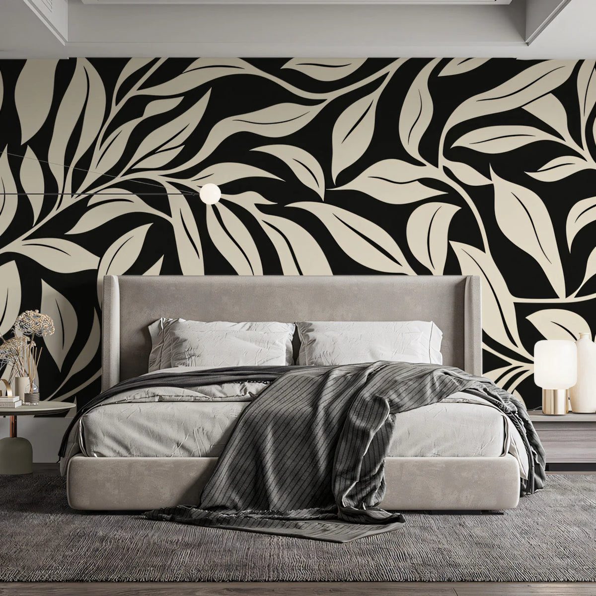 Abstract Leaf Silhouette Mural Wallpaper — Monochrome Graphic Mural Wallpaper - pure wallpaper artwork