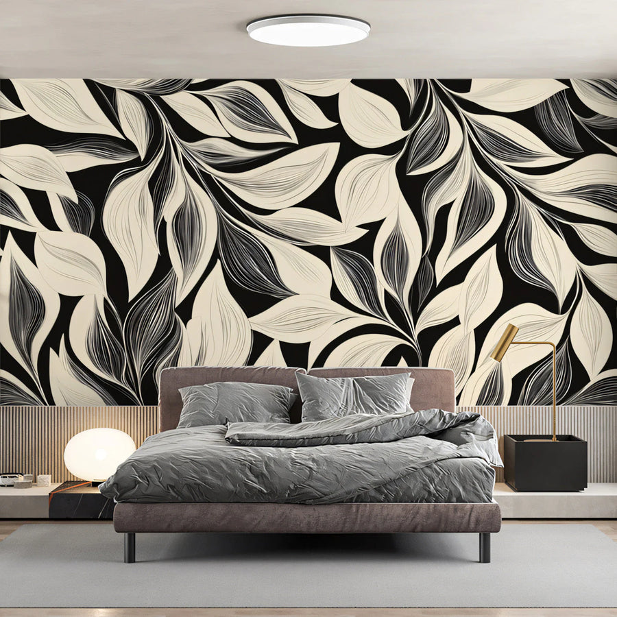 Minimalist Leaf Line Art Mural Wallpaper — Monochrome Graphic Mural Wallpaper
