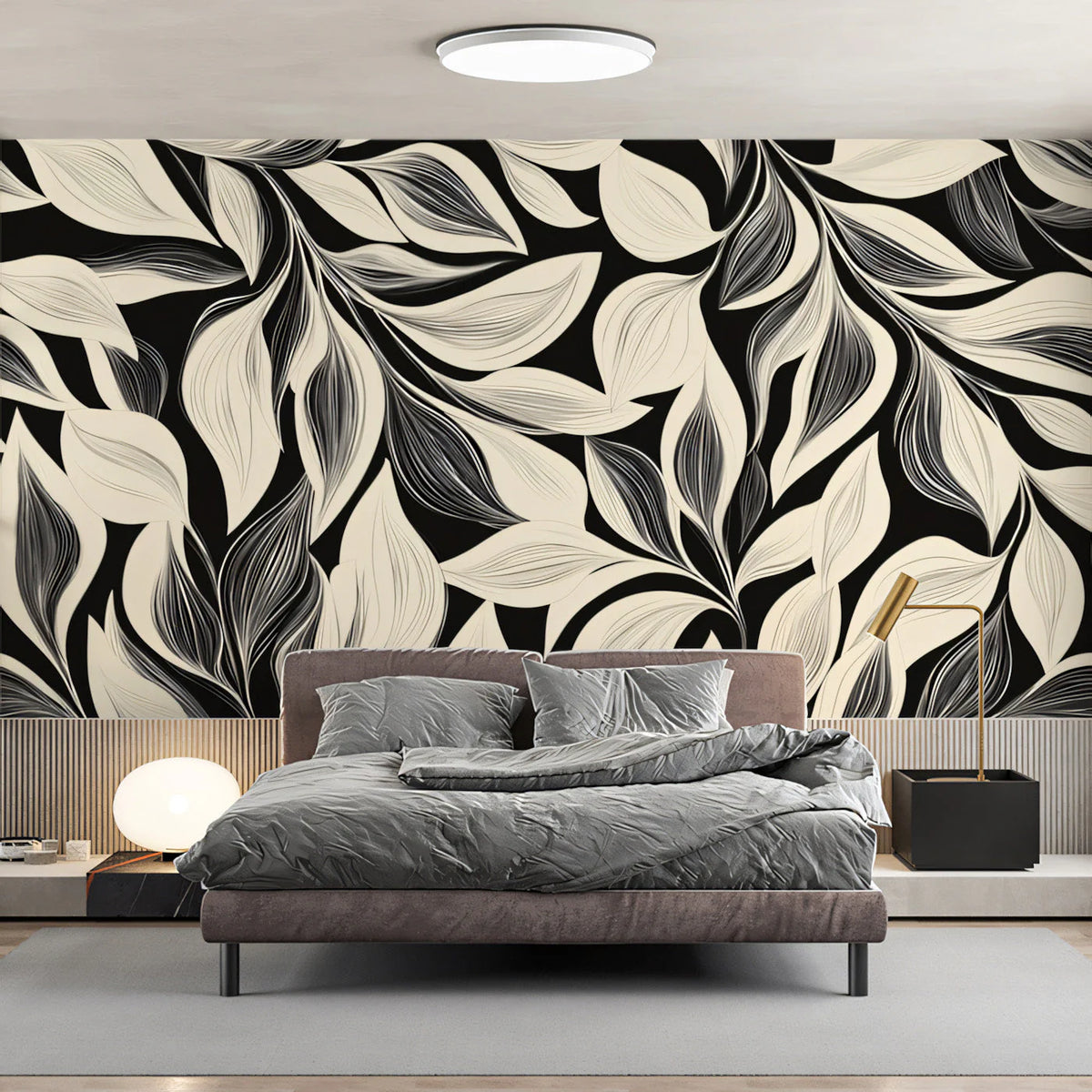 Minimalist Leaf Line Art Mural Wallpaper — Monochrome Graphic Mural Wallpaper - pure wallpaper artwork