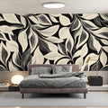 Minimalist Leaf Line Art Mural Wallpaper — Monochrome Graphic Mural Wallpaper - pure wallpaper artwork
