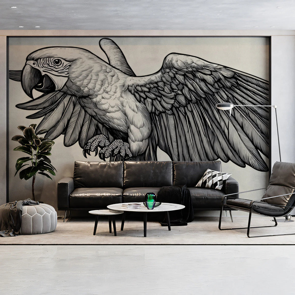 In-Flight Macaw Mural Wallpaper — Monochromatic Sketch Design Mural Wallpaper - pure wallpaper artwork
