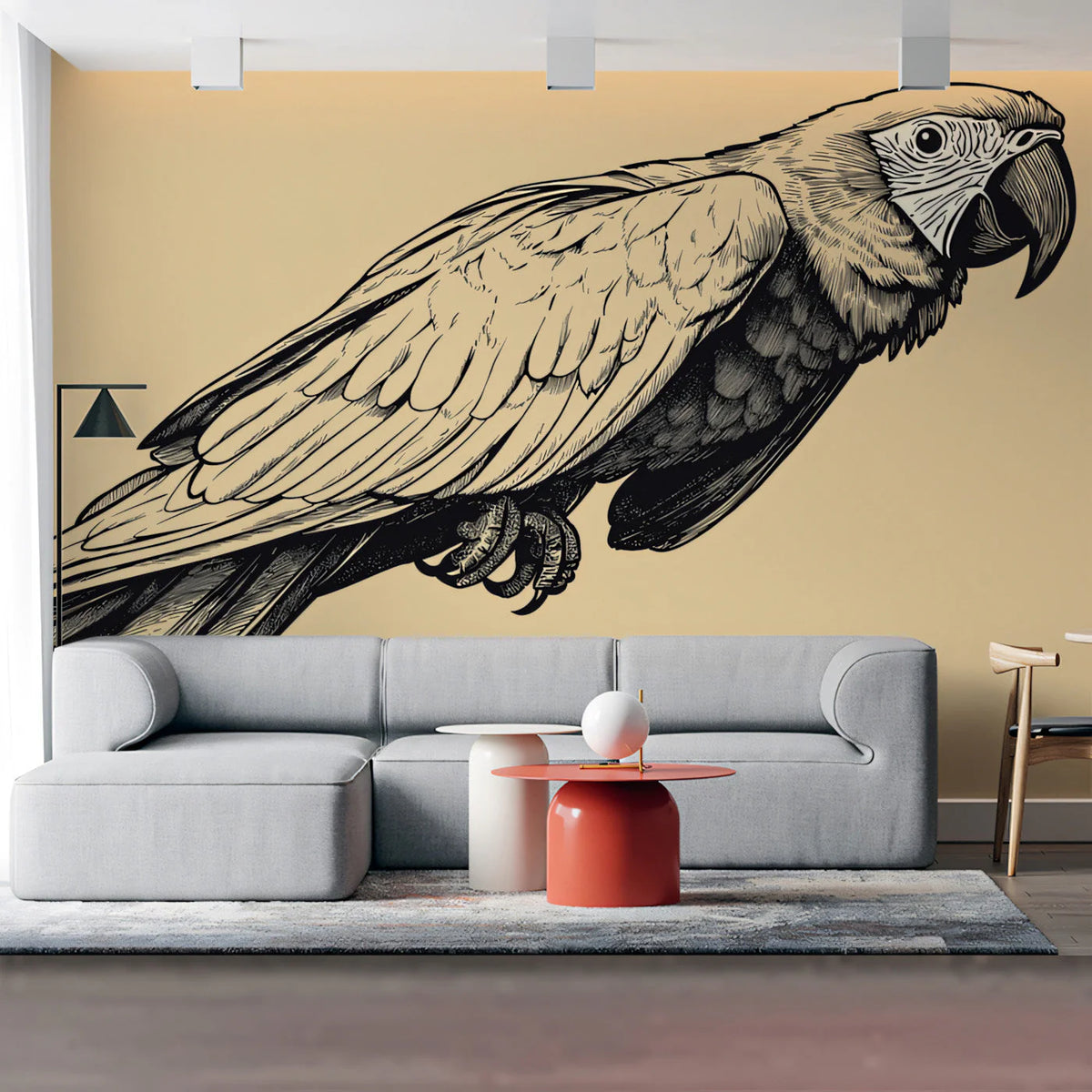Macaw Silhouette Mural Wallpaper —Detailed Sketch Design Mural Wallpaper - pure wallpaper artwork