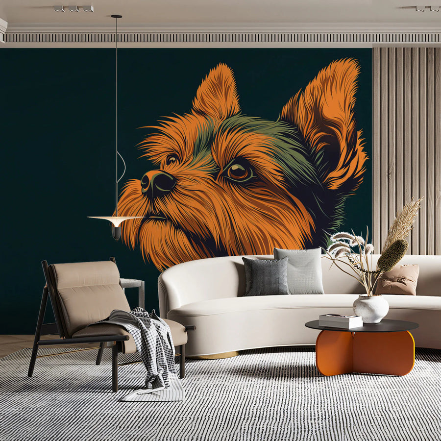 Yorkshire Terrier Portrait Mural Wallpaper — Deep Teal and Amber Mural Wallpaper