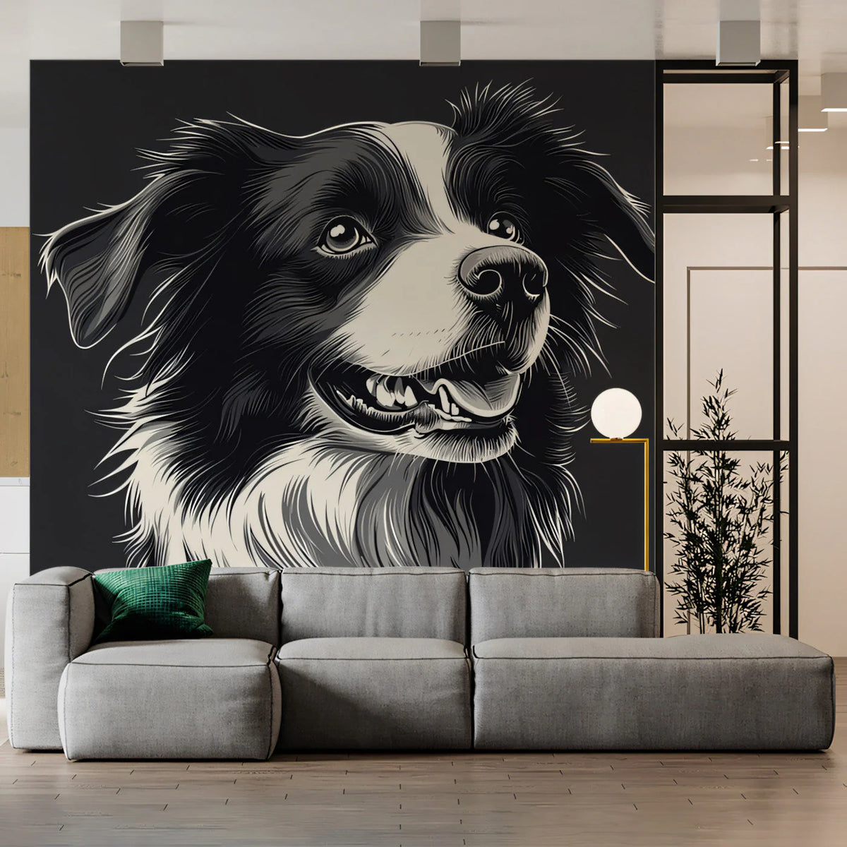 Border Collie Portrait Mural Wallpaper — Striking Monochrome Art Mural Wallpaper - pure wallpaper artwork