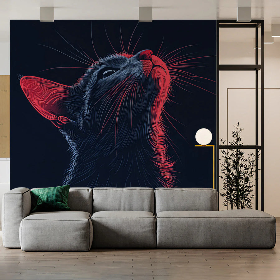 Neon Feline Mural Wallpaper — Modern Artistic Cat Illustration Mural Wallpaper