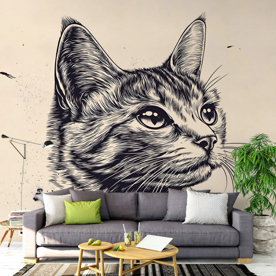 Tabby Cat Portrait Mural Wallpaper — Minimalist Ink Illustration Mural Wallpaper