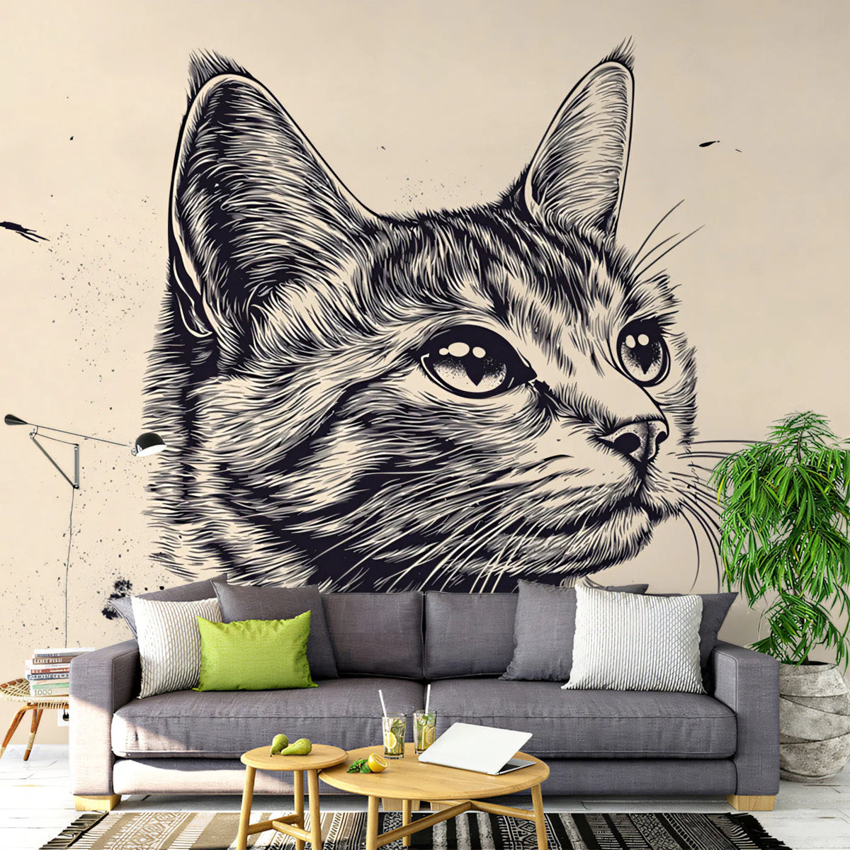 Tabby Cat Portrait Mural Wallpaper — Minimalist Ink Illustration Mural Wallpaper - pure wallpaper artwork