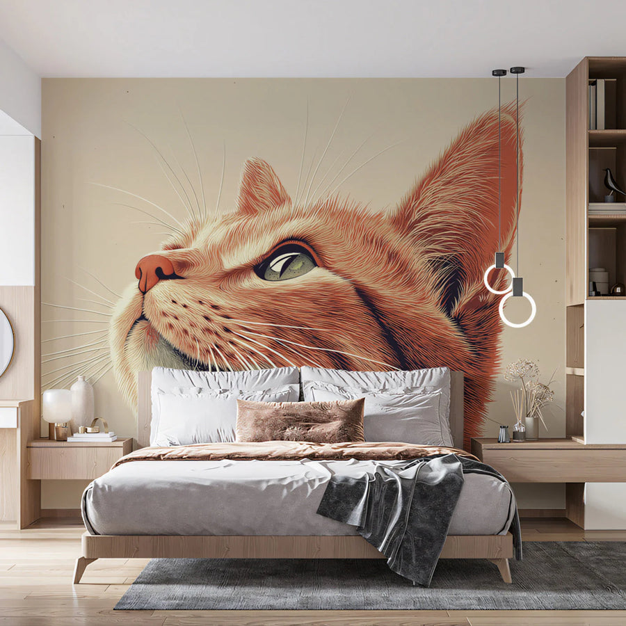 Ginger Cat Portrait Mural Wallpaper — Soft Illustrative Style Mural Wallpaper