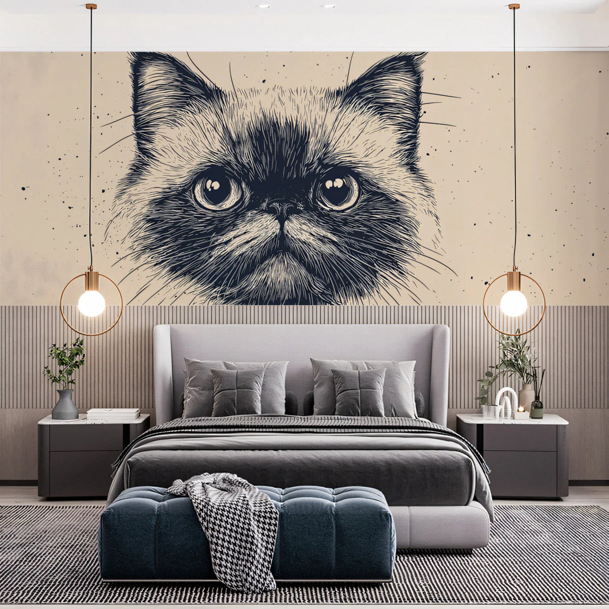 Persian Cat Sketch Mural Wallpaper — Artistic Monochrome Design Mural Wallpaper - pure wallpaper artwork