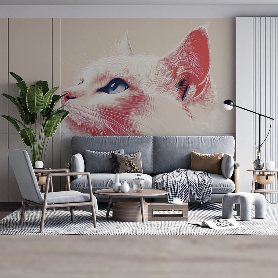 Graceful White Cat Illustration Mural Wallpaper
