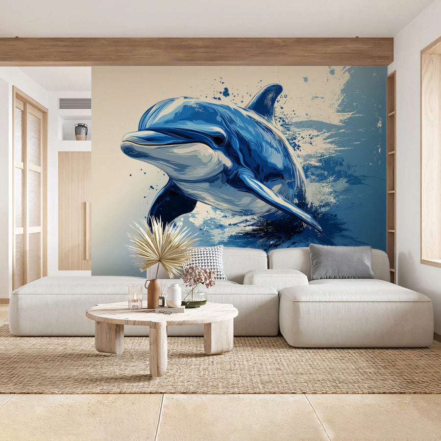 Leaping Dolphin Ocean Mural Wallpaper — Painterly Blue Illustration Mural Wallpaper
