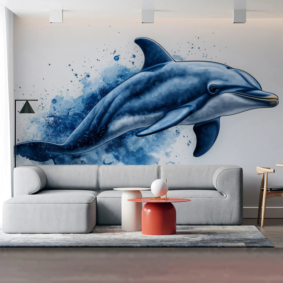 Leaping Dolphin Mural Wallpaper — Expressive Ocean Illustration Mural Wallpaper - pure wallpaper artwork