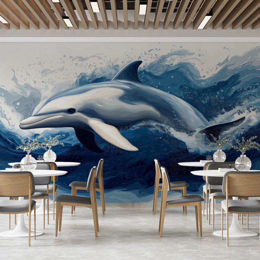 Dolphin in Motion Mural Wallpaper — Fluid Marine Art Mural Wallpaper