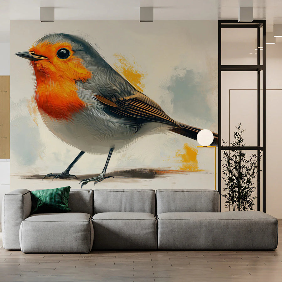 Robin Portrait Mural Wallpaper — Painterly Bird Illustration Mural Wallpaper
