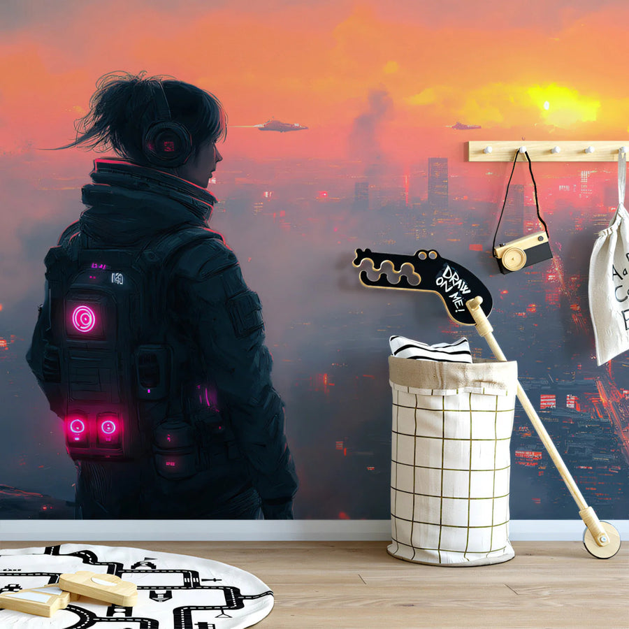 Cyberpunk Sunset Cityscape Mural Wallpaper — Futuristic Horizon Mural Wallpaper